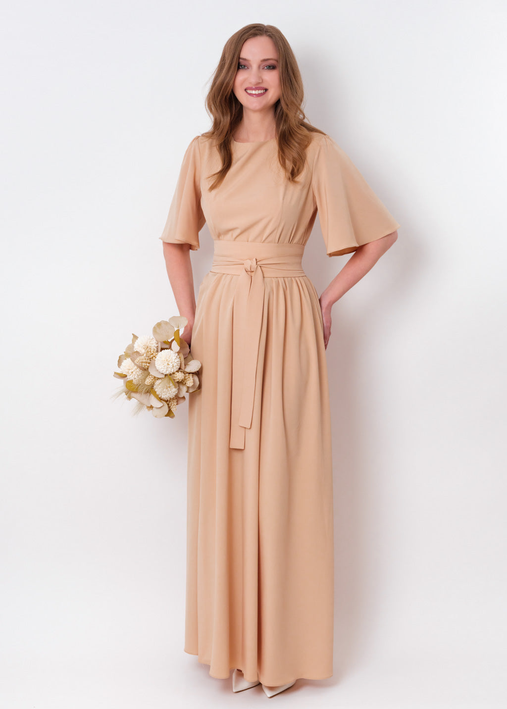 Champagne beige long dress with belt