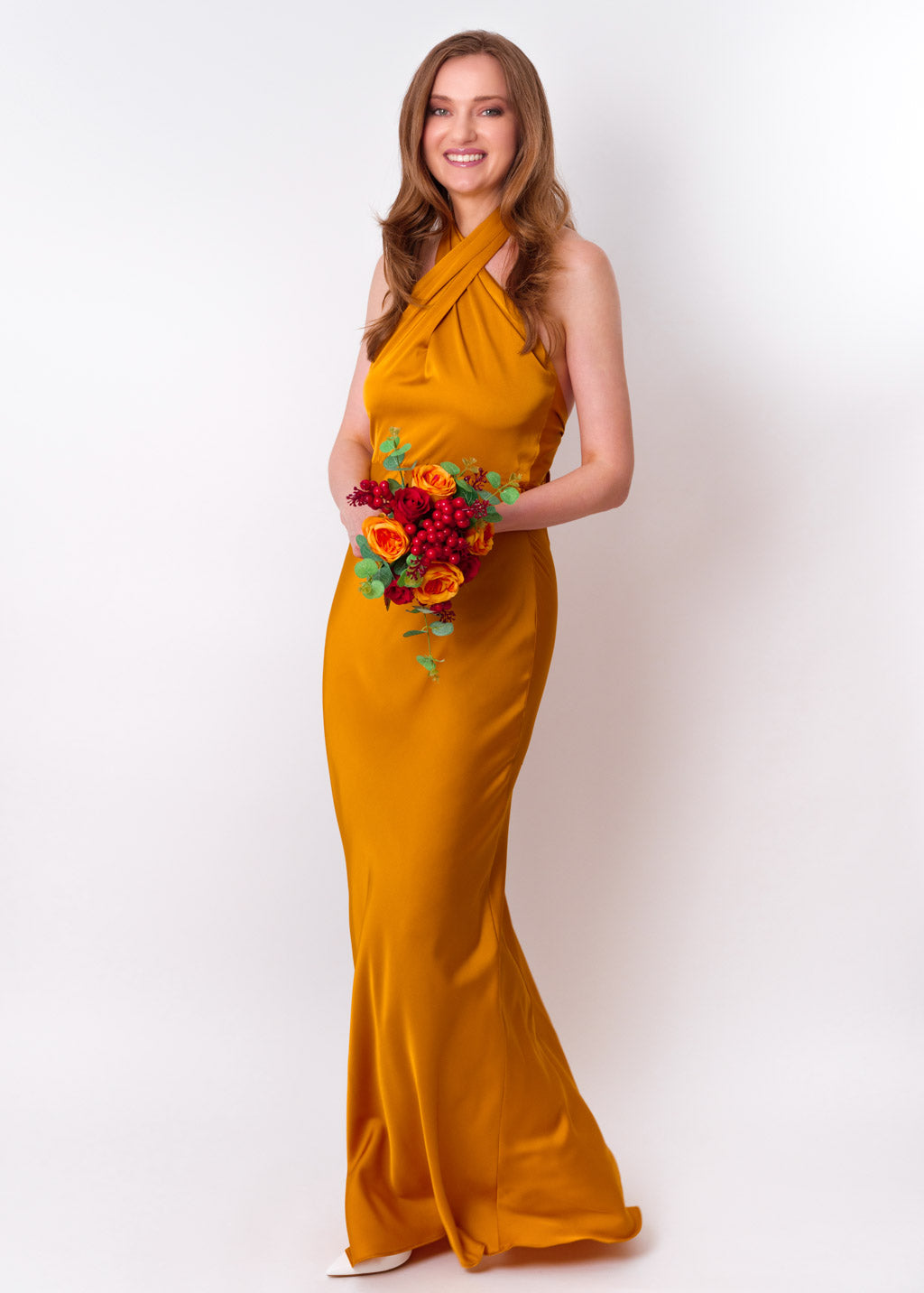 Gold silk long halter dress
