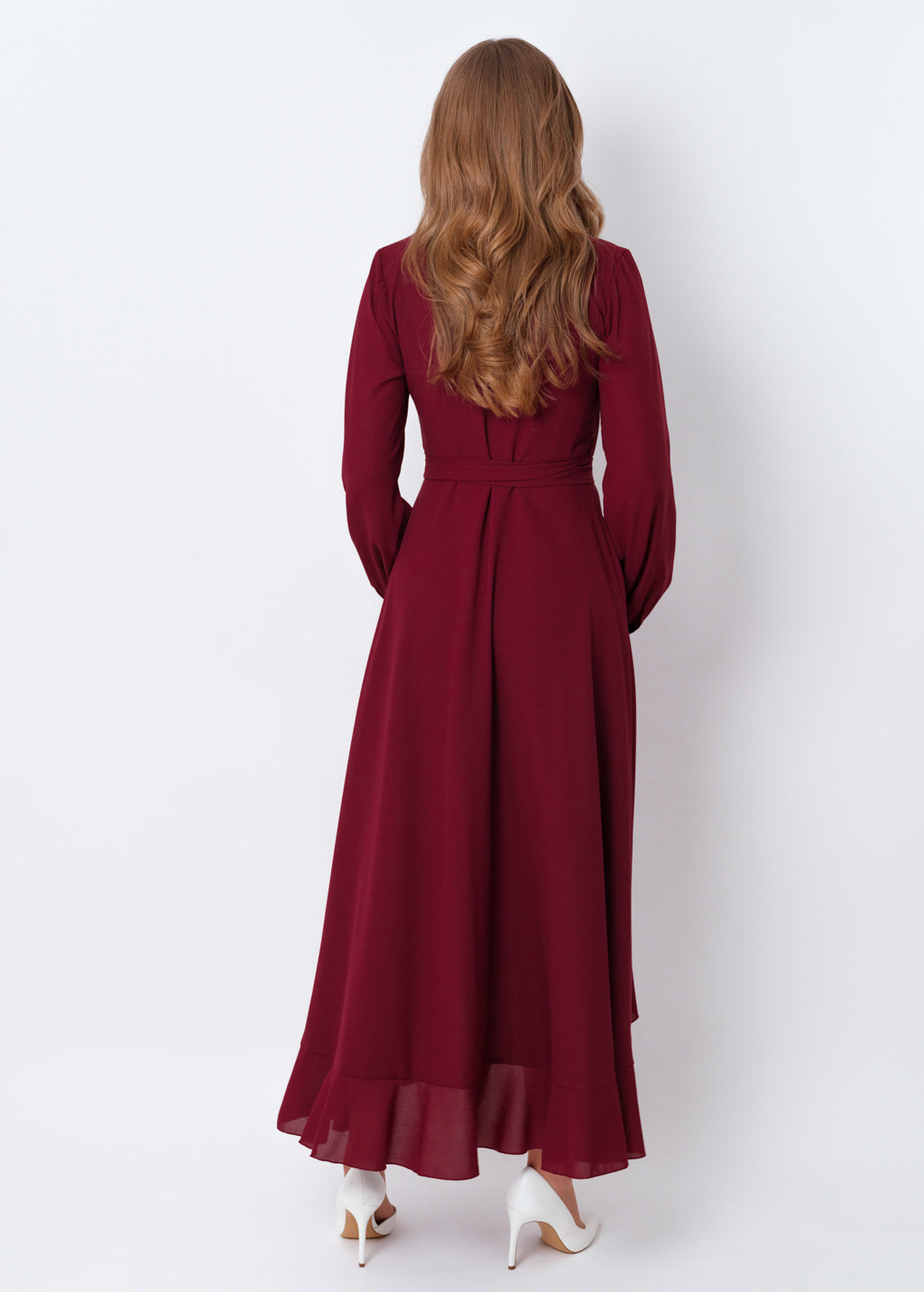 Burgundy chiffon wrap dress