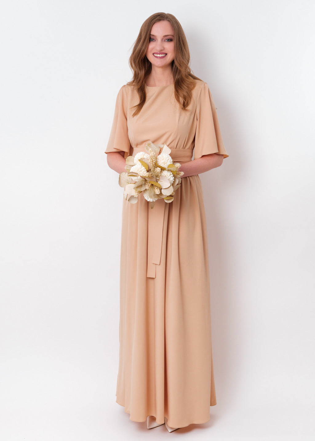 Champagne beige long dress with belt