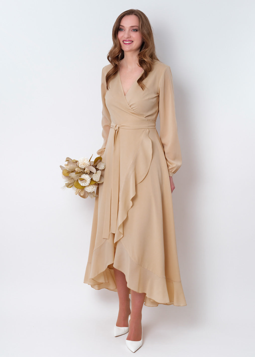 Champagne beige chiffon wrap dress