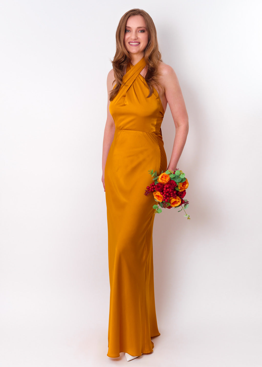 Gold silk long halter dress