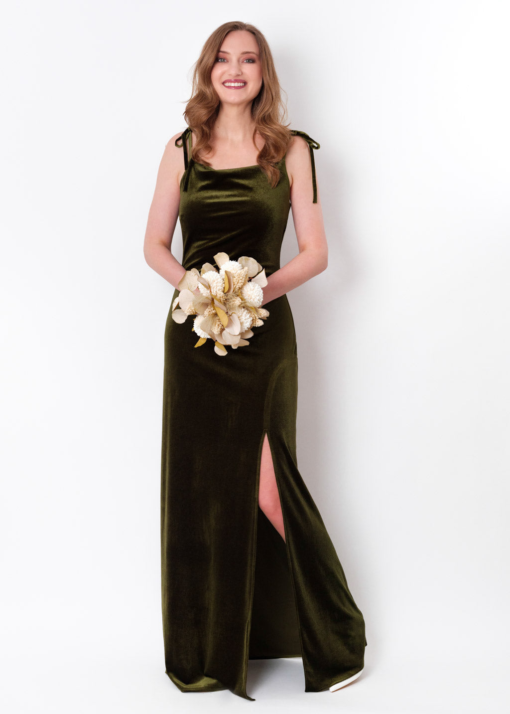 Olive green slip slit velvet bodycon long dress