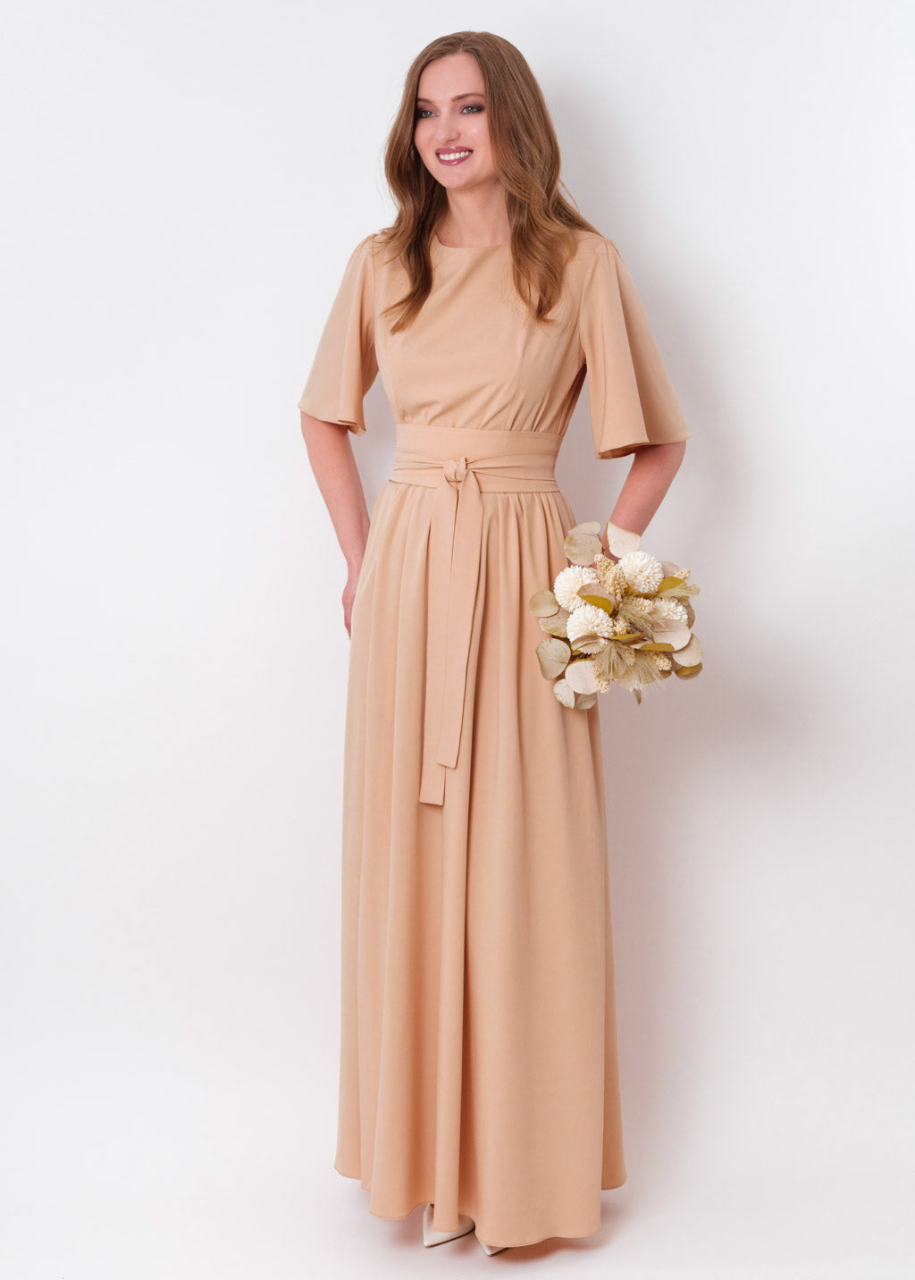 Champagne beige long dress with belt
