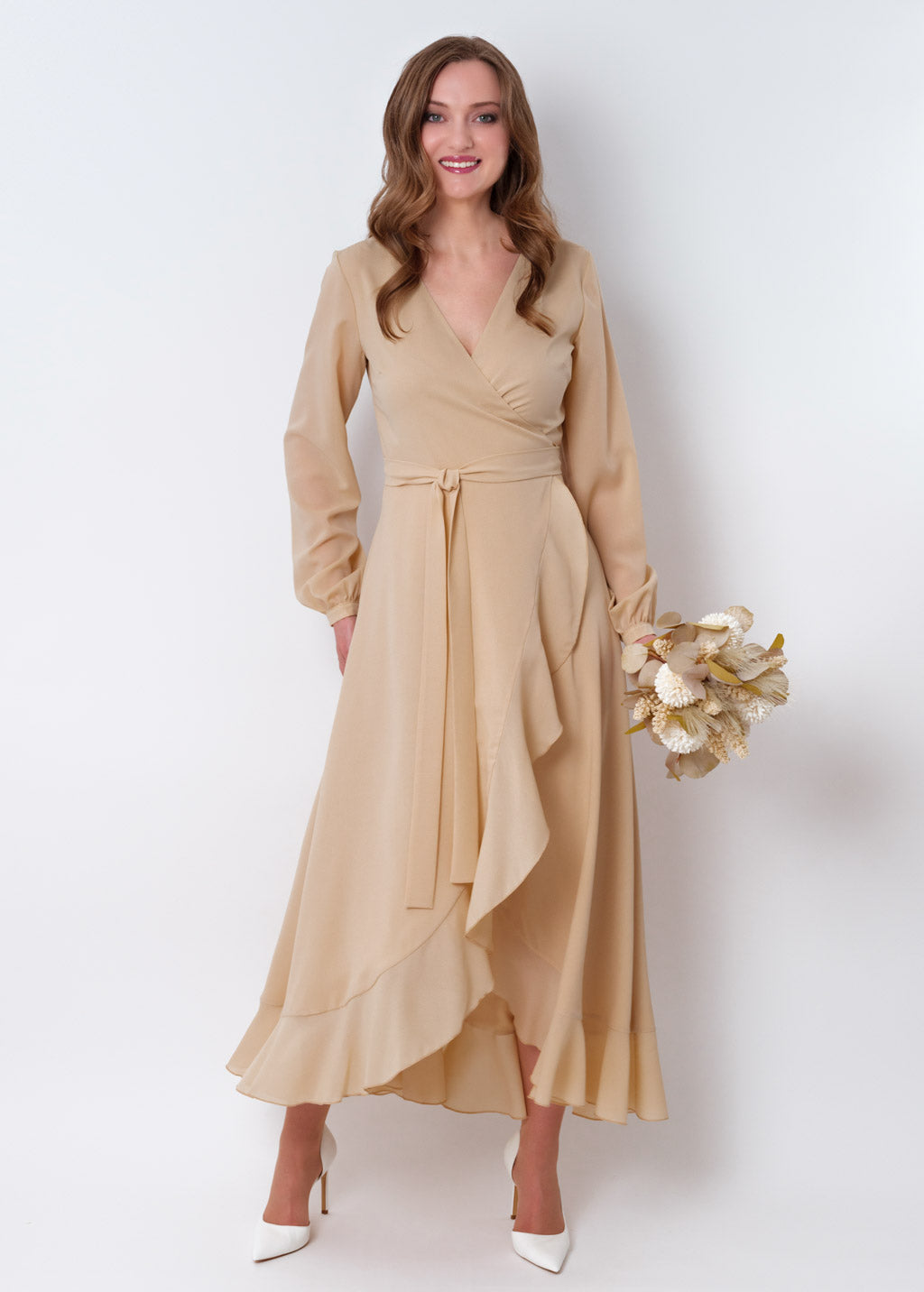 Champagne beige chiffon wrap dress