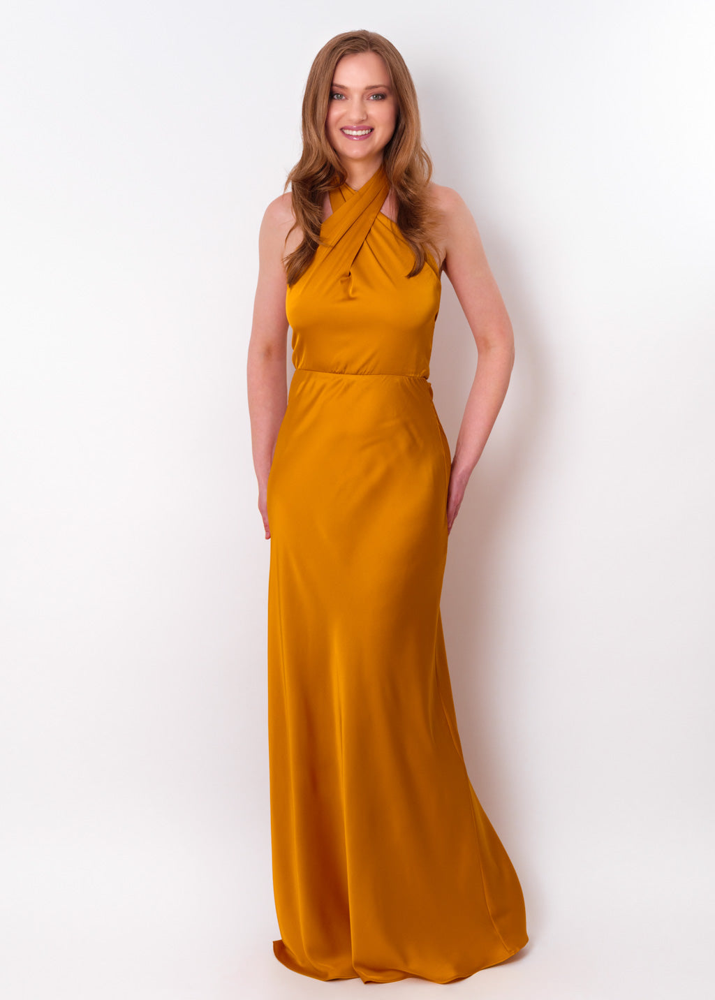 Gold silk long halter dress
