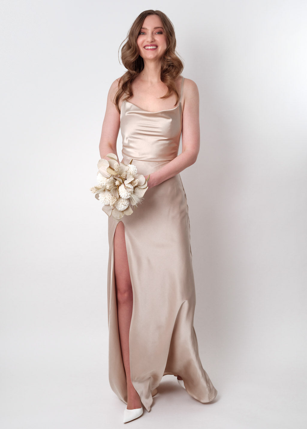 Champagne beige silk slip slit dress