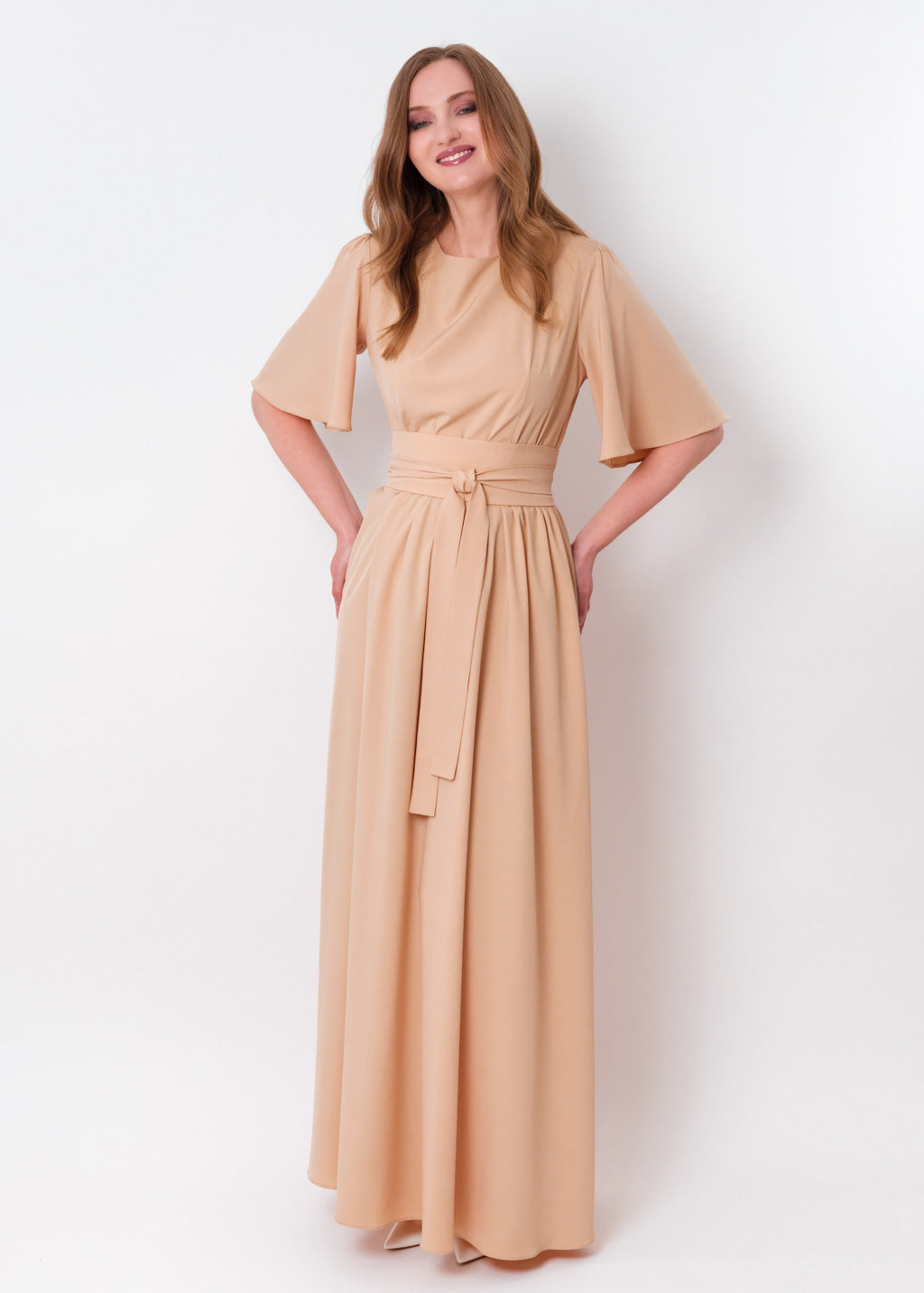 Champagne beige long dress with belt