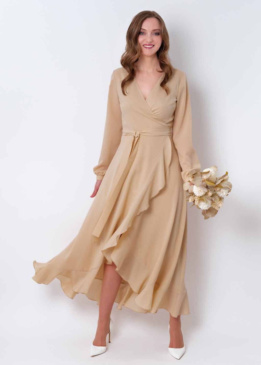 Champagne beige chiffon wrap dress