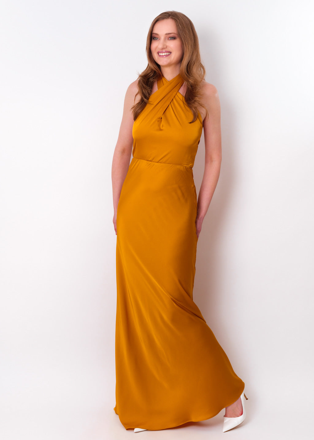Gold silk long halter dress