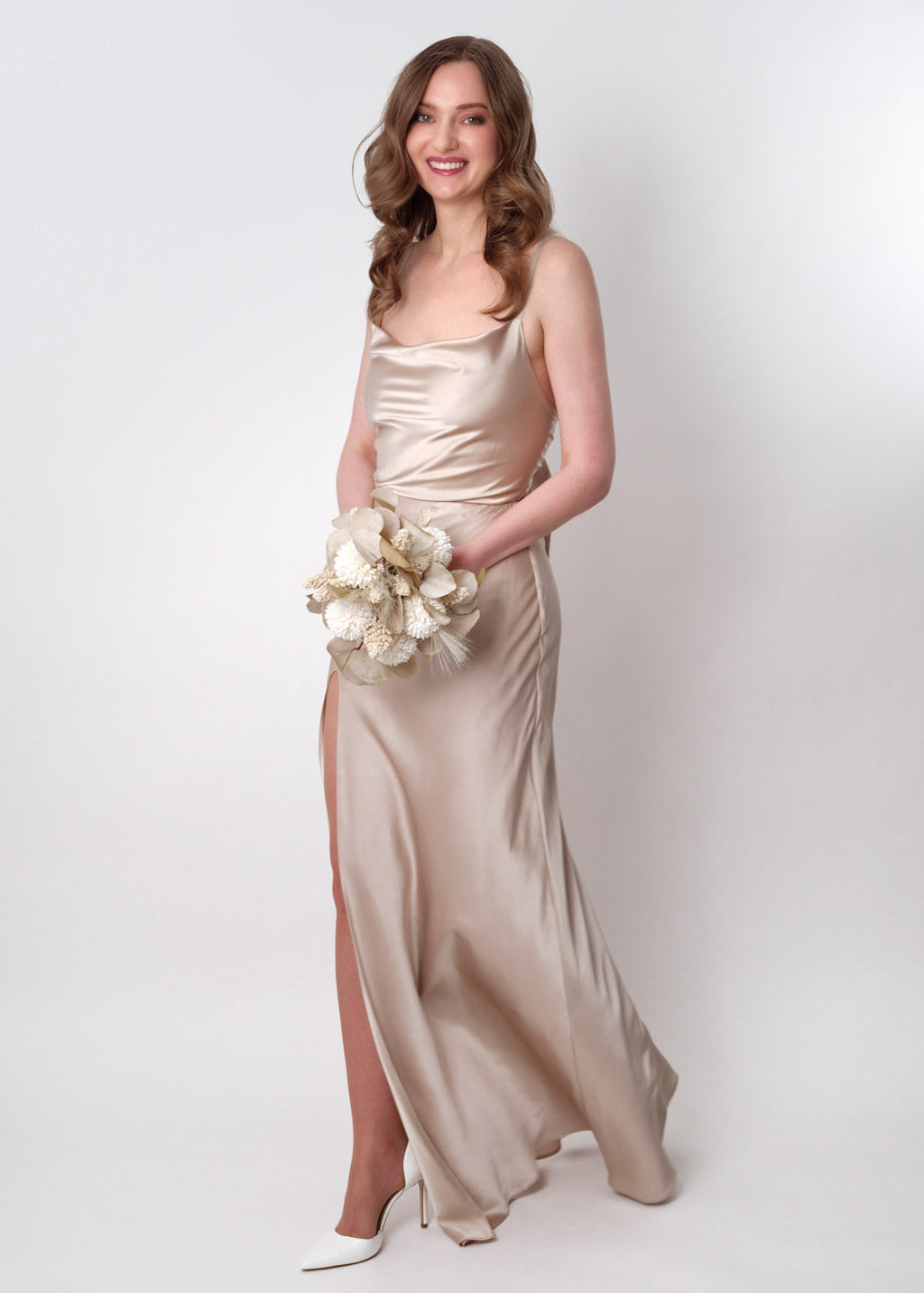 Champagne beige silk slip slit dress