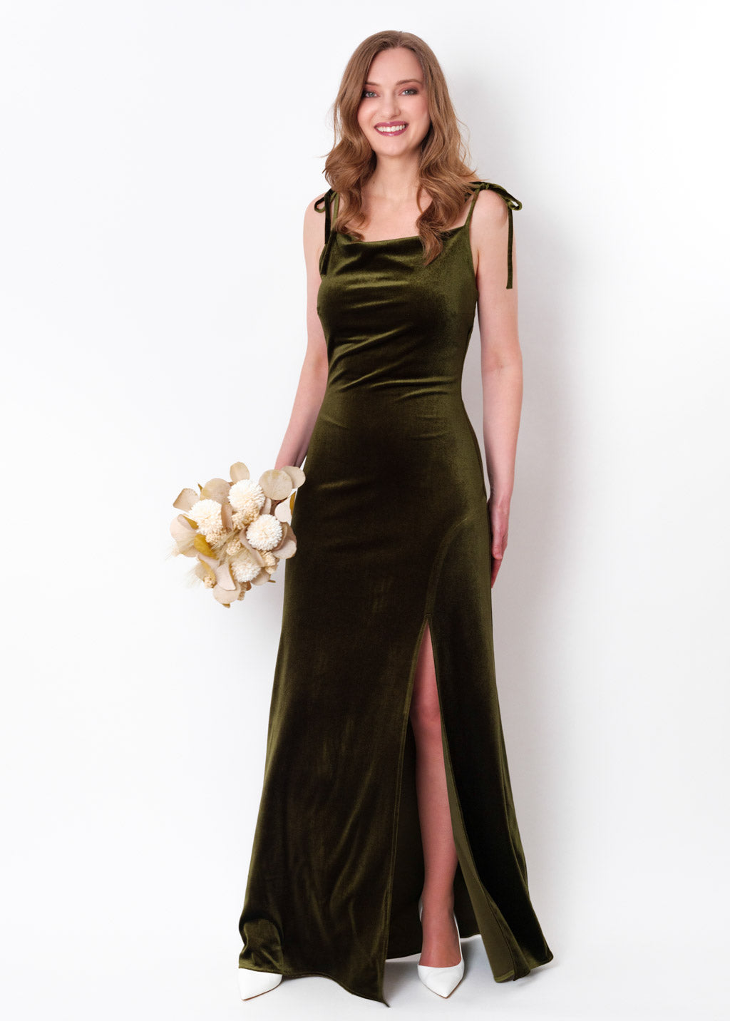 Olive green slip slit velvet bodycon long dress