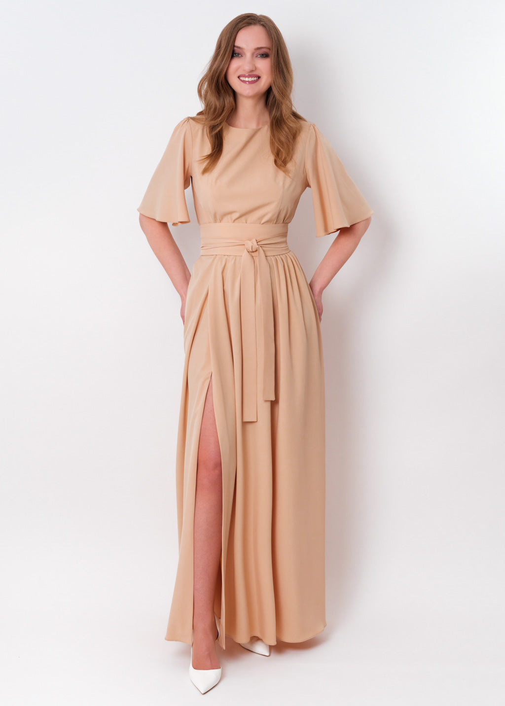 Champagne beige long slit dress with belt