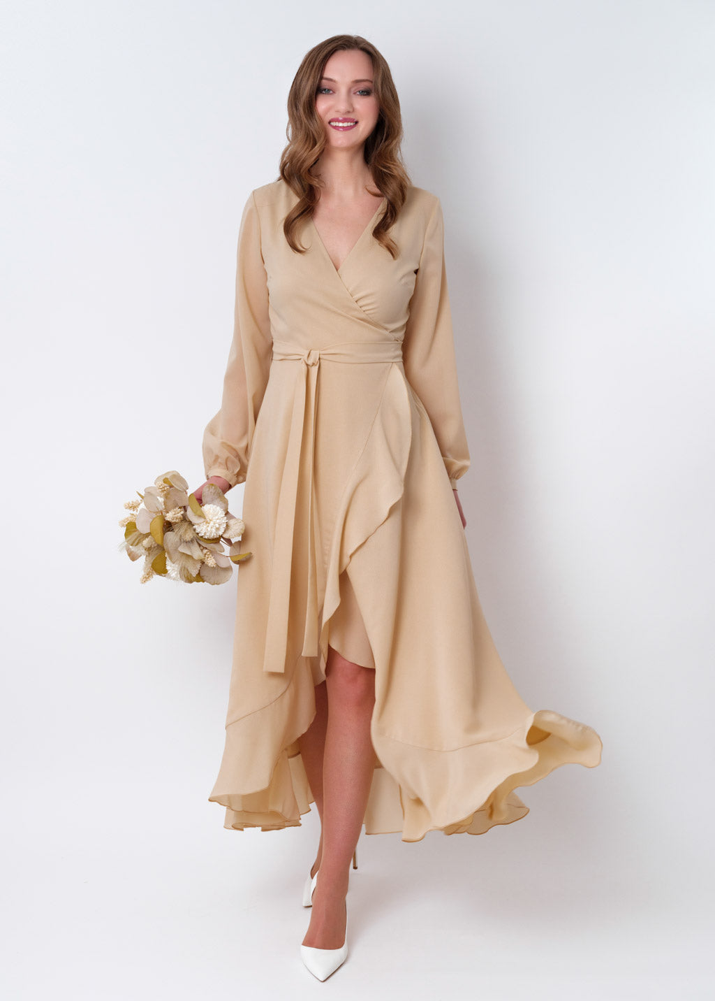 Champagne beige chiffon wrap dress