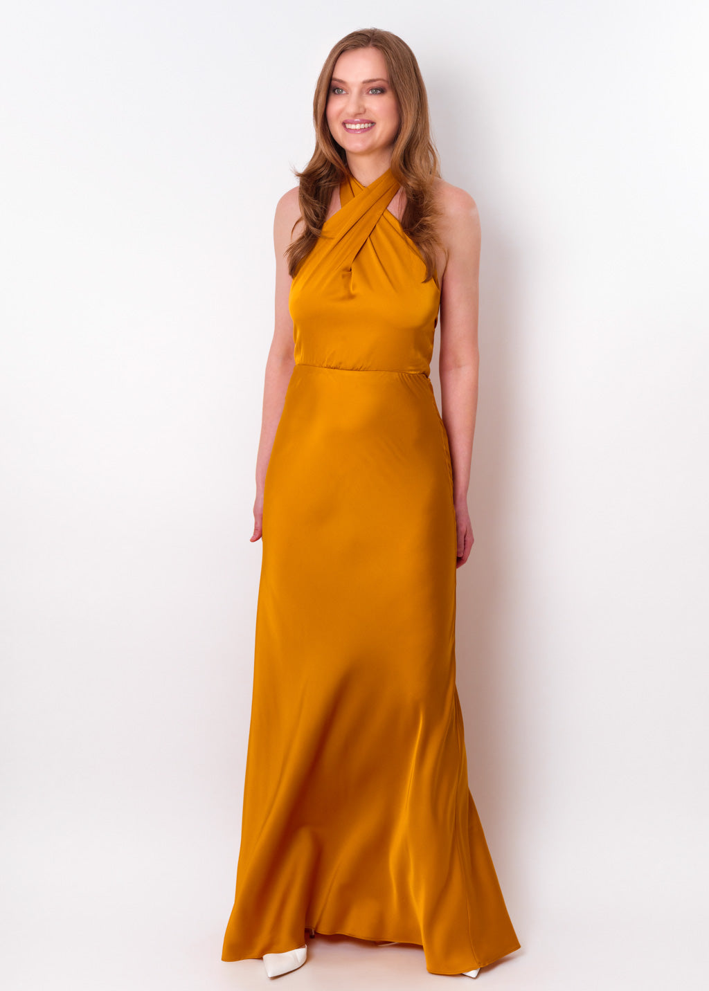 Gold silk long halter dress