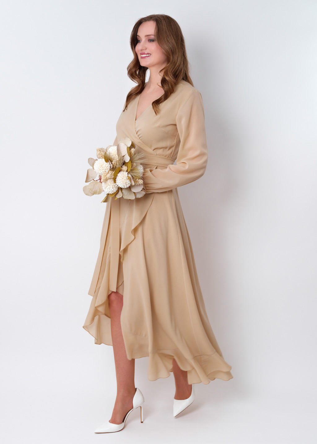Champagne beige chiffon wrap dress