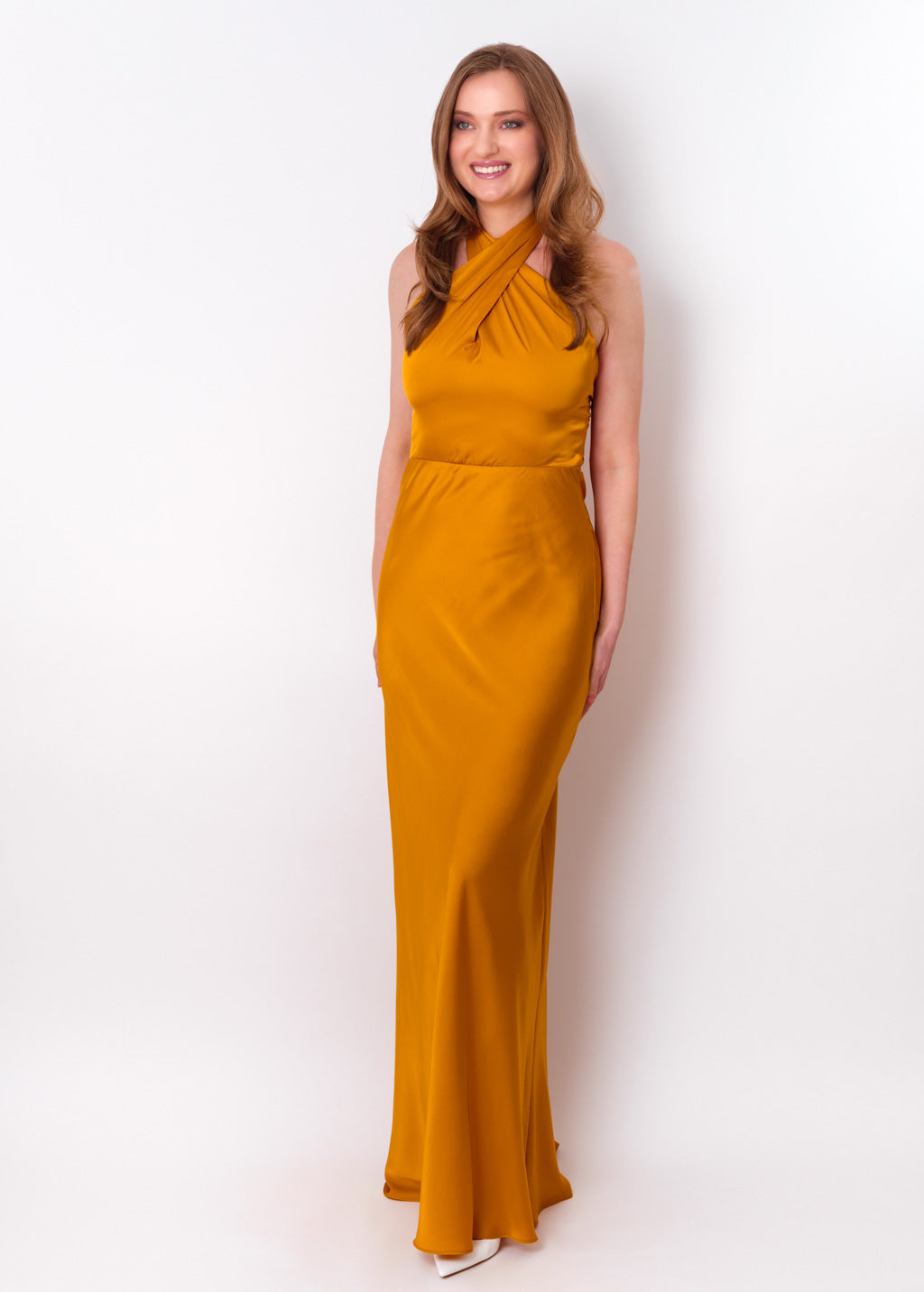 Gold silk long halter dress