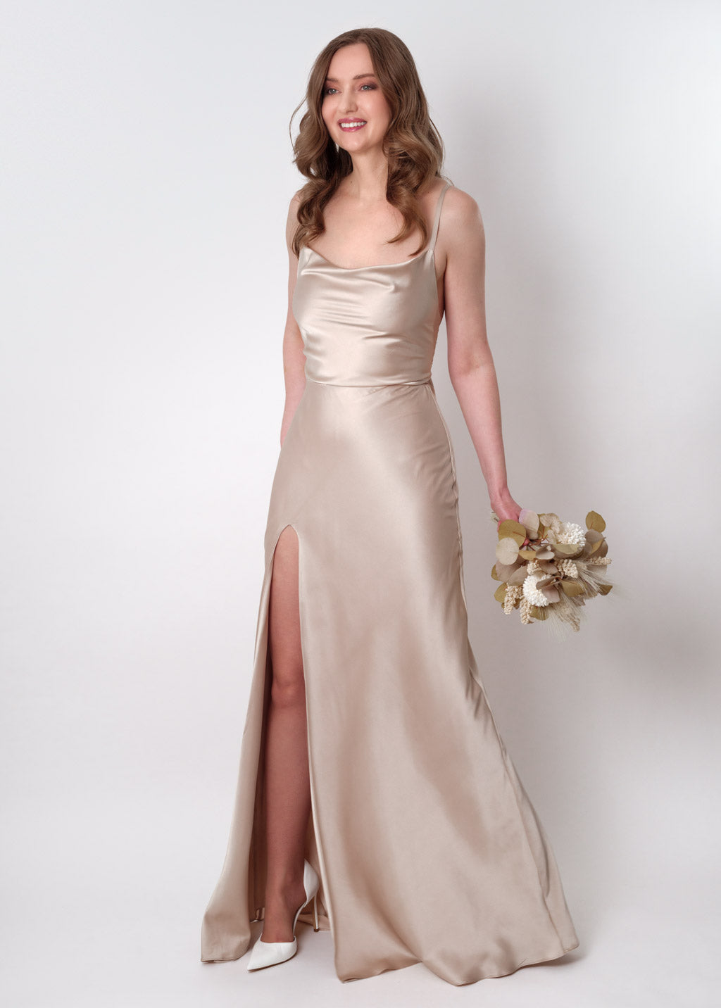 Champagne beige silk slip slit dress