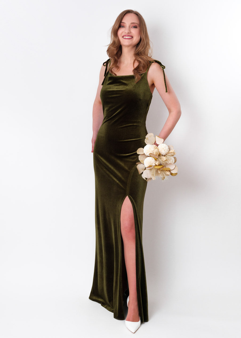 Olive green slip slit velvet bodycon long dress