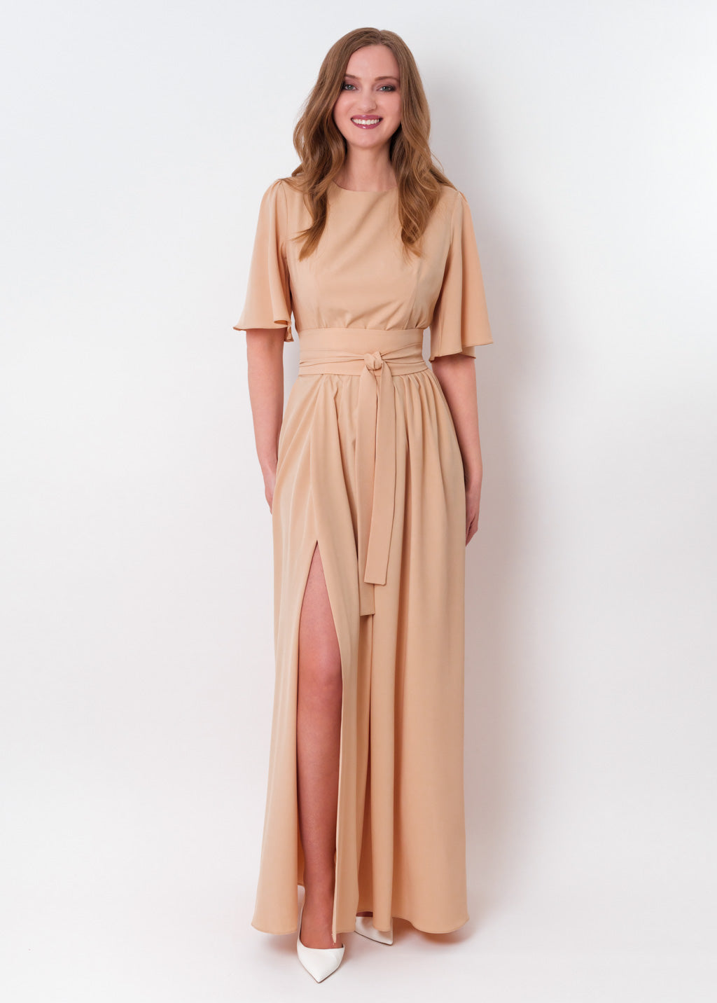 Champagne beige long dress with belt