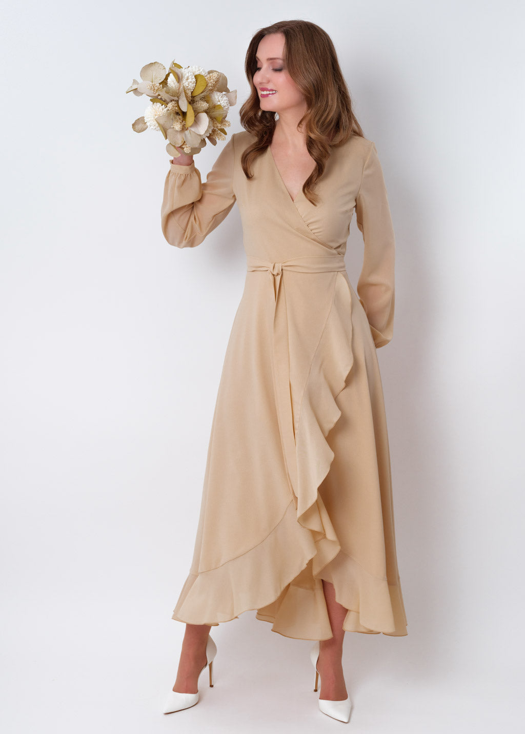 Champagne beige chiffon wrap dress