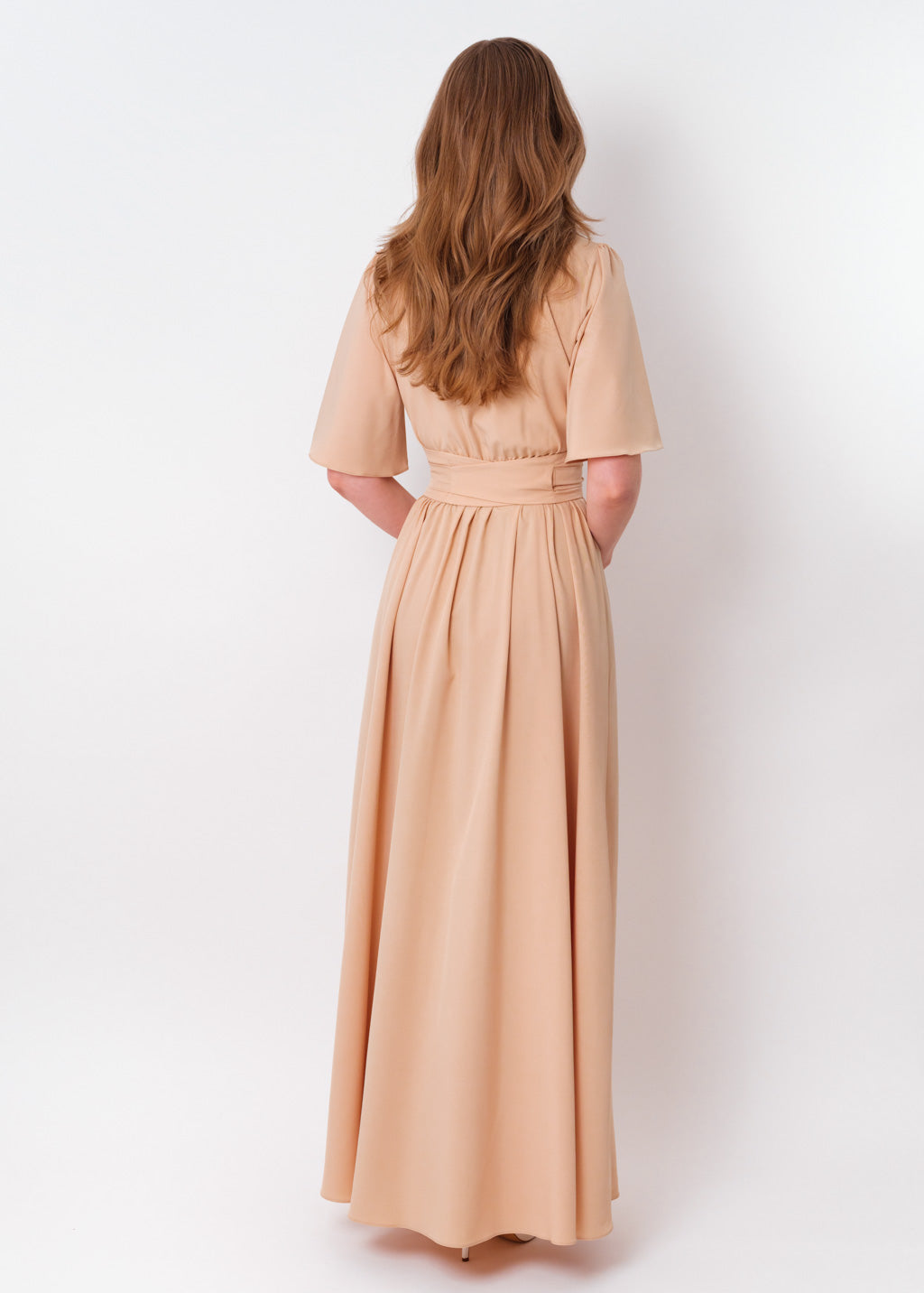Champagne beige long slit dress with belt