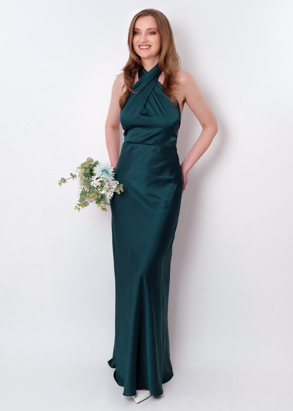 Dark teal green silk long halter dress