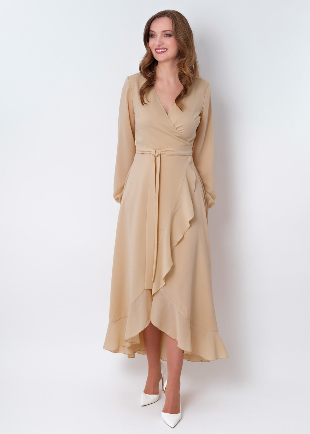 Champagne beige chiffon wrap dress