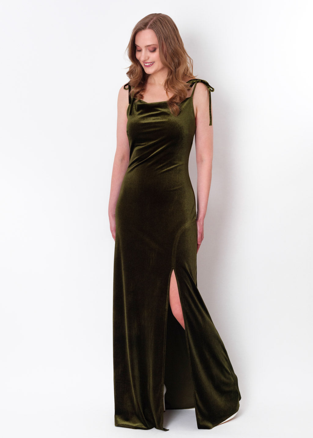 Olive green slip slit velvet bodycon long dress