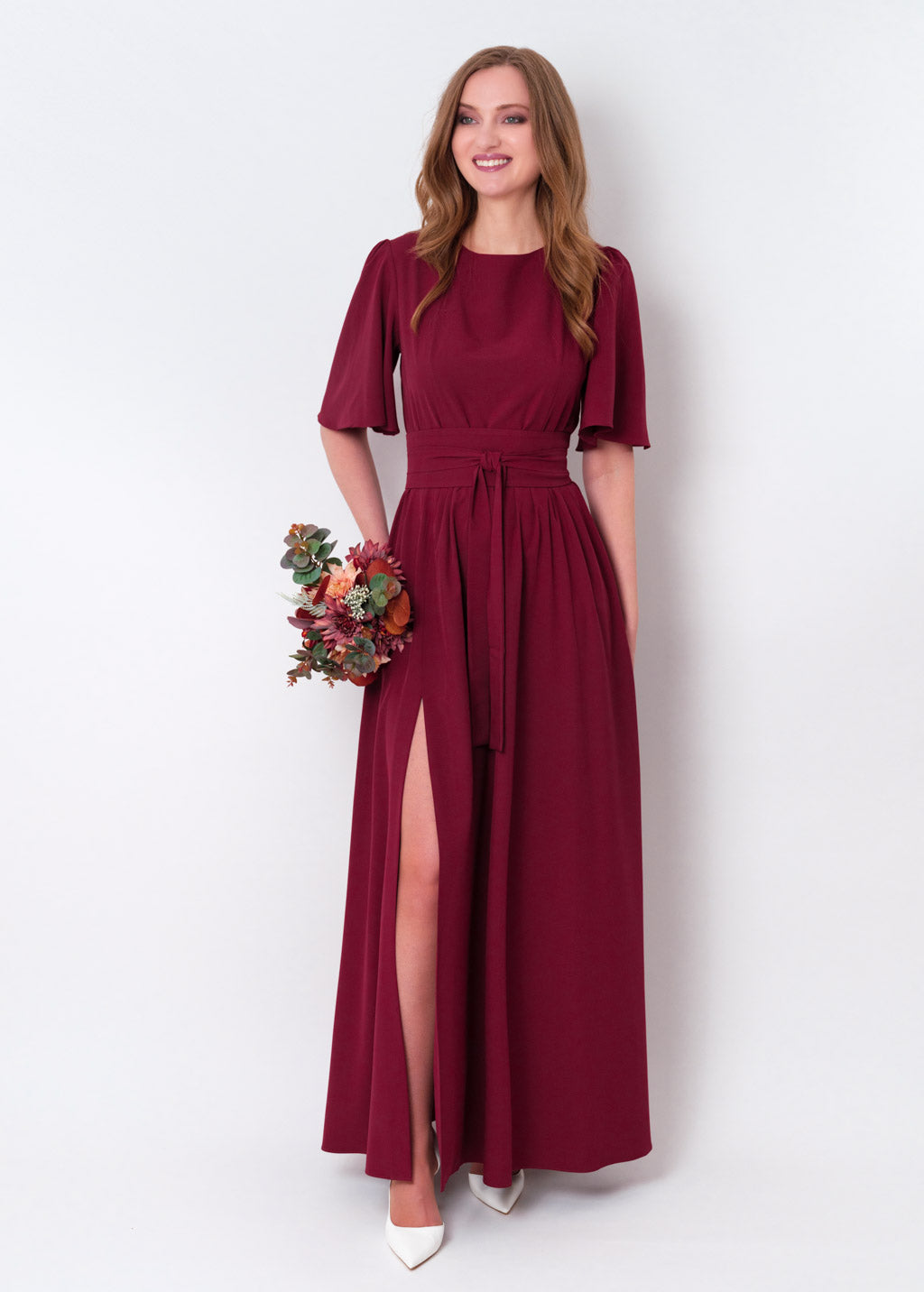 Burgundy long slit dress with belt