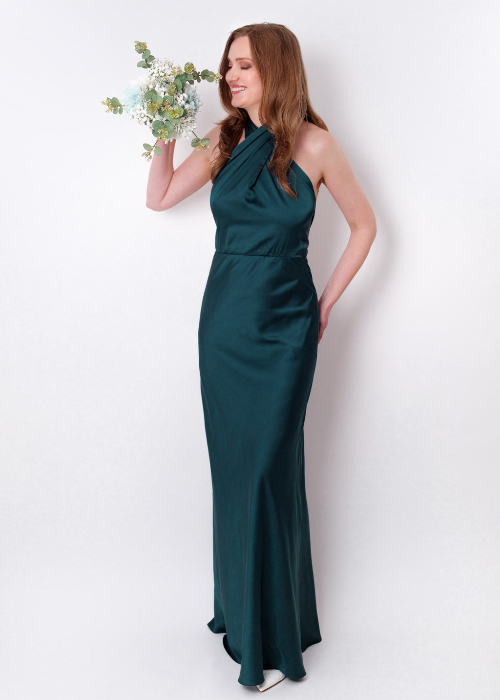 Dark teal green silk long halter dress