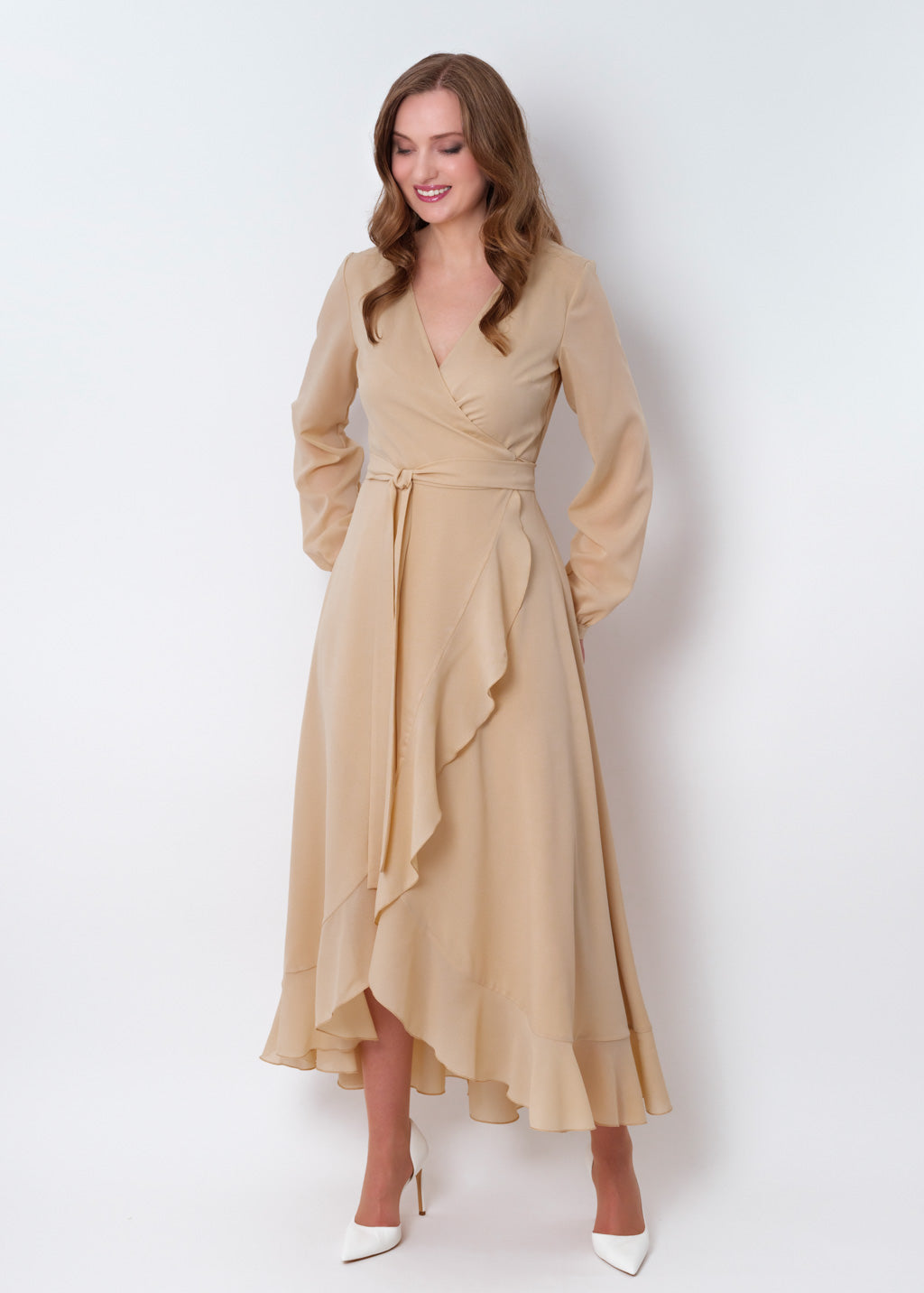 Champagne beige chiffon wrap dress
