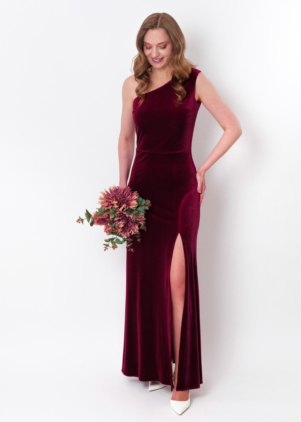Plum burgundy velvet one shoulder slit dress