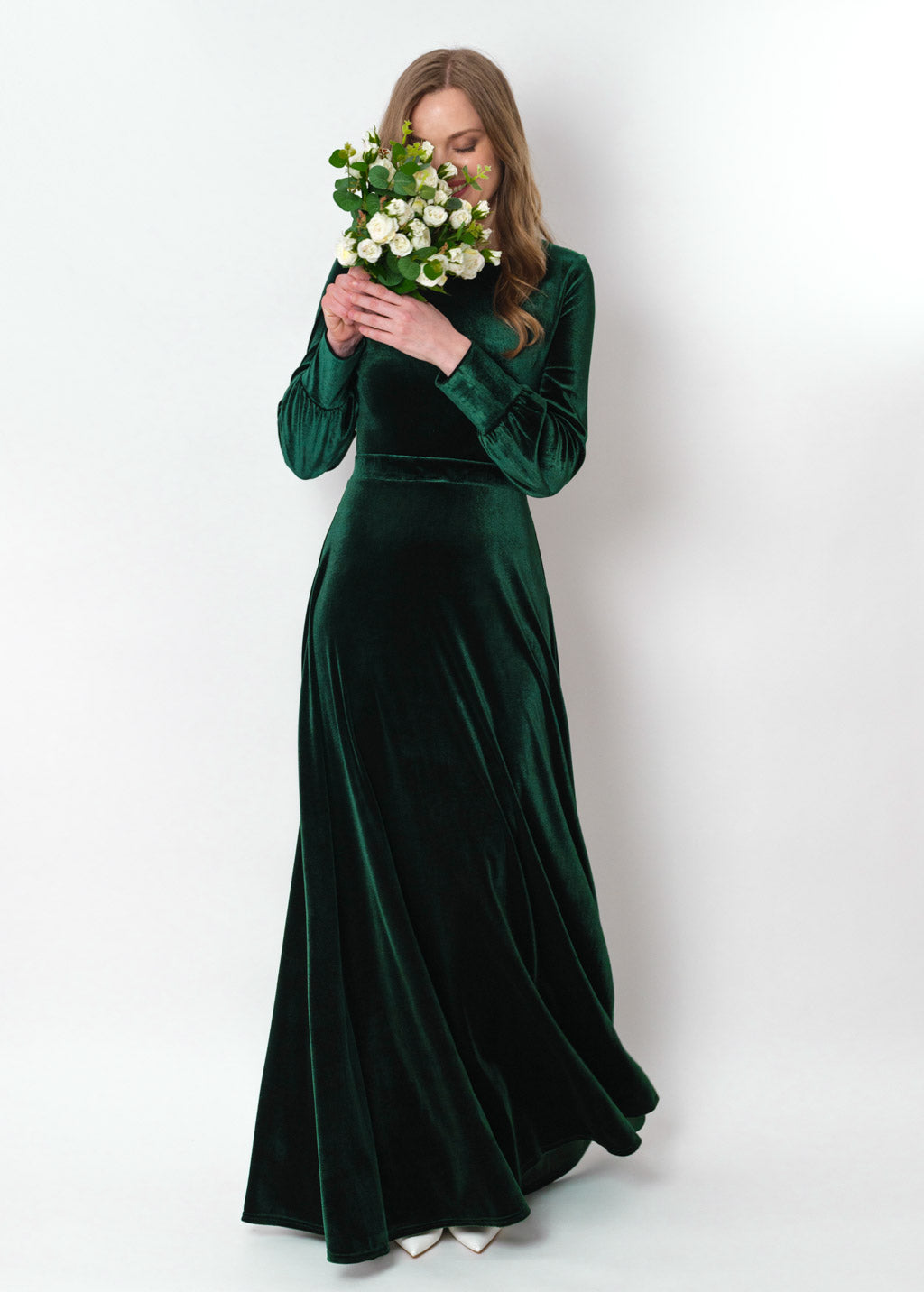 Emerald green velvet long dress