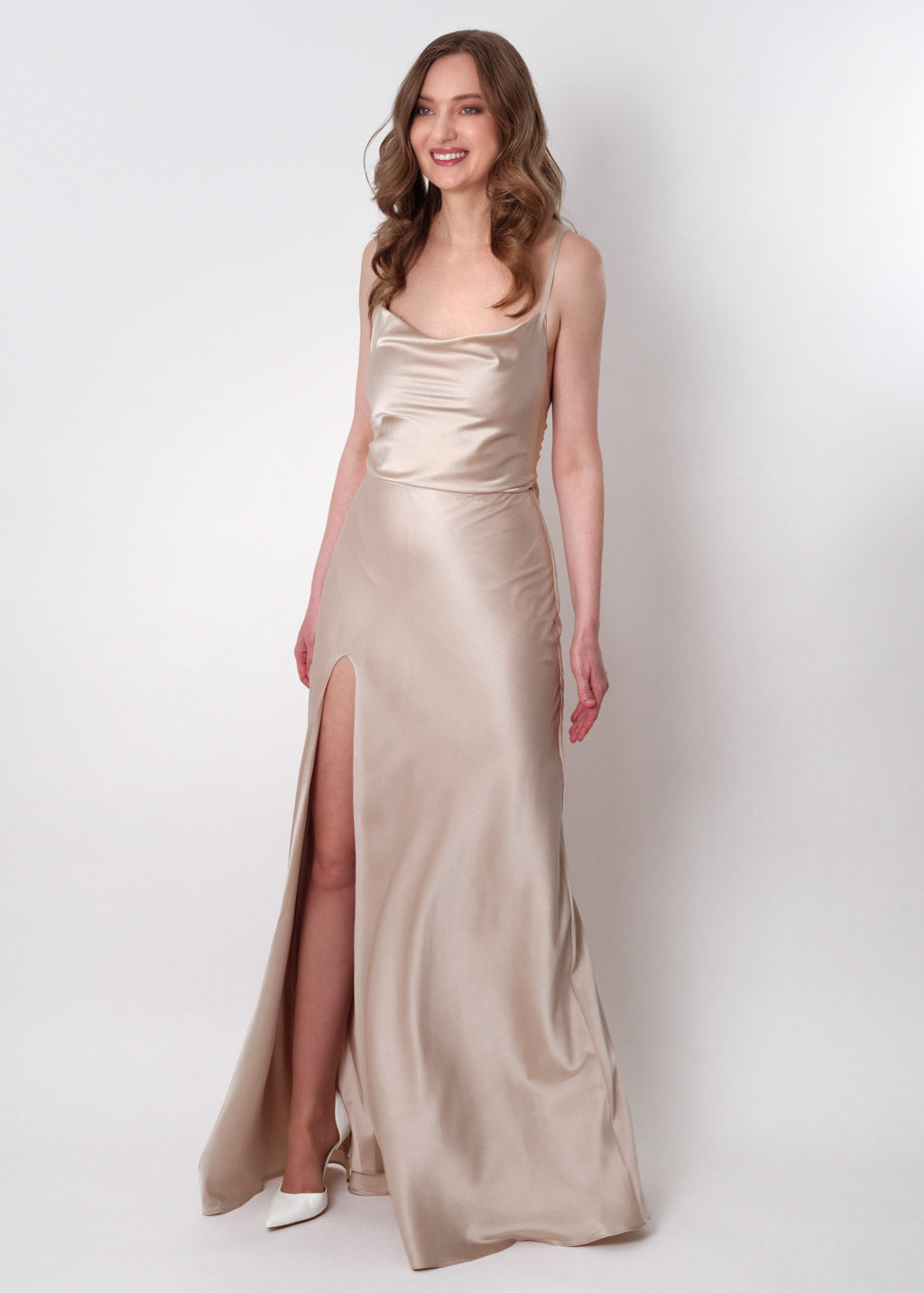 Champagne beige silk slip slit dress