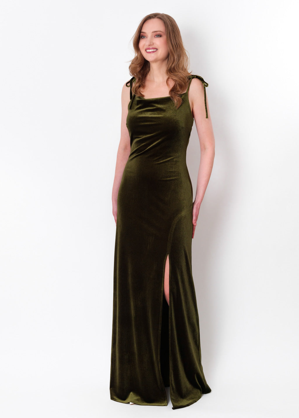 Olive green slip slit velvet bodycon long dress