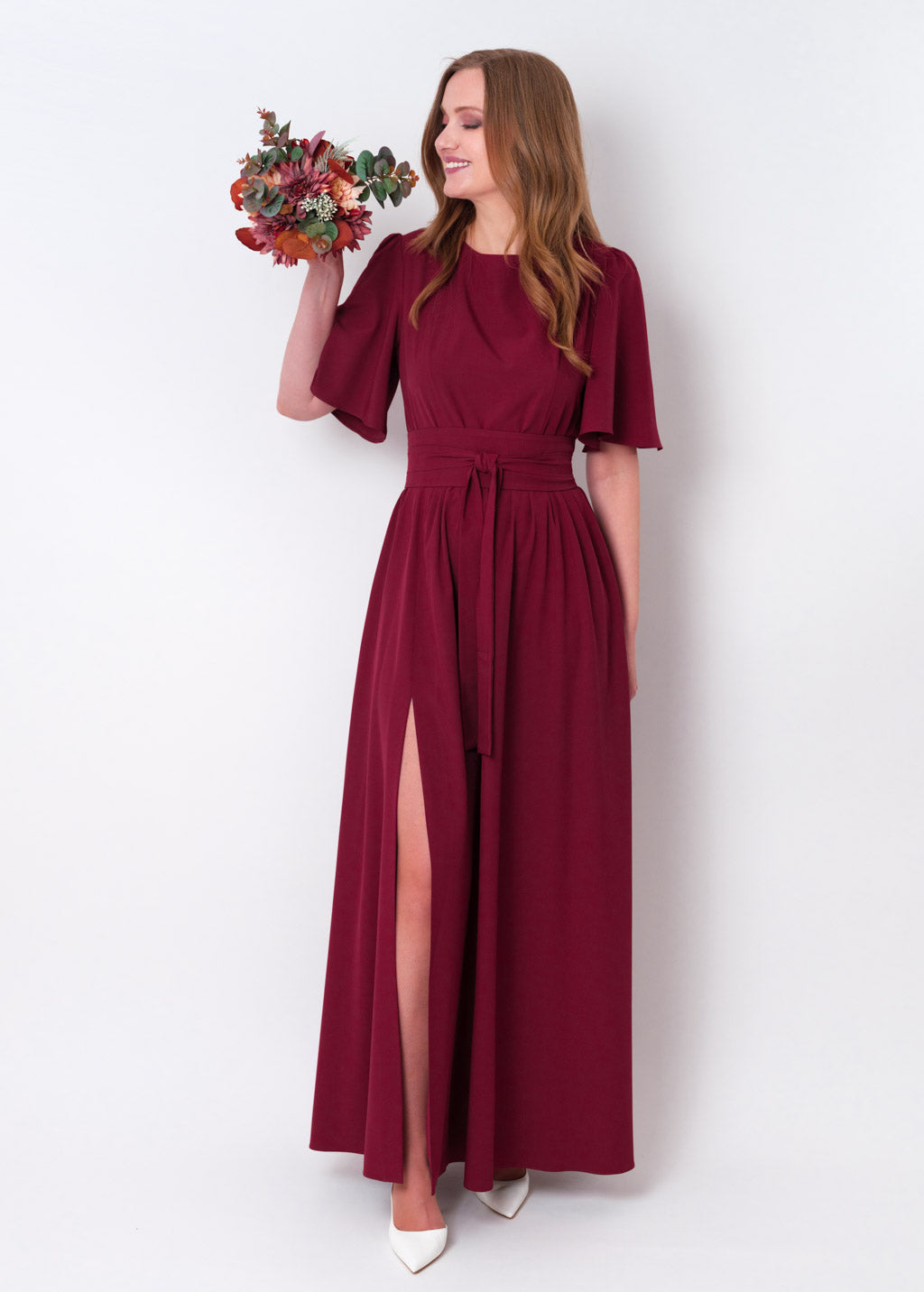 Burgundy long slit dress with belt