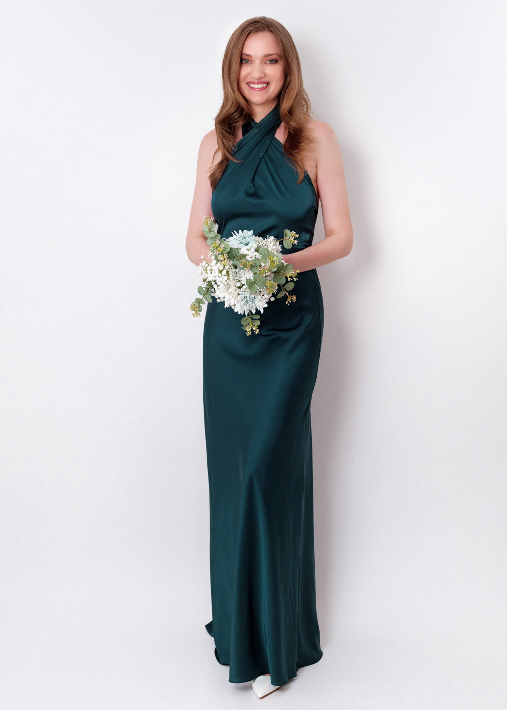 Dark teal green silk long halter dress