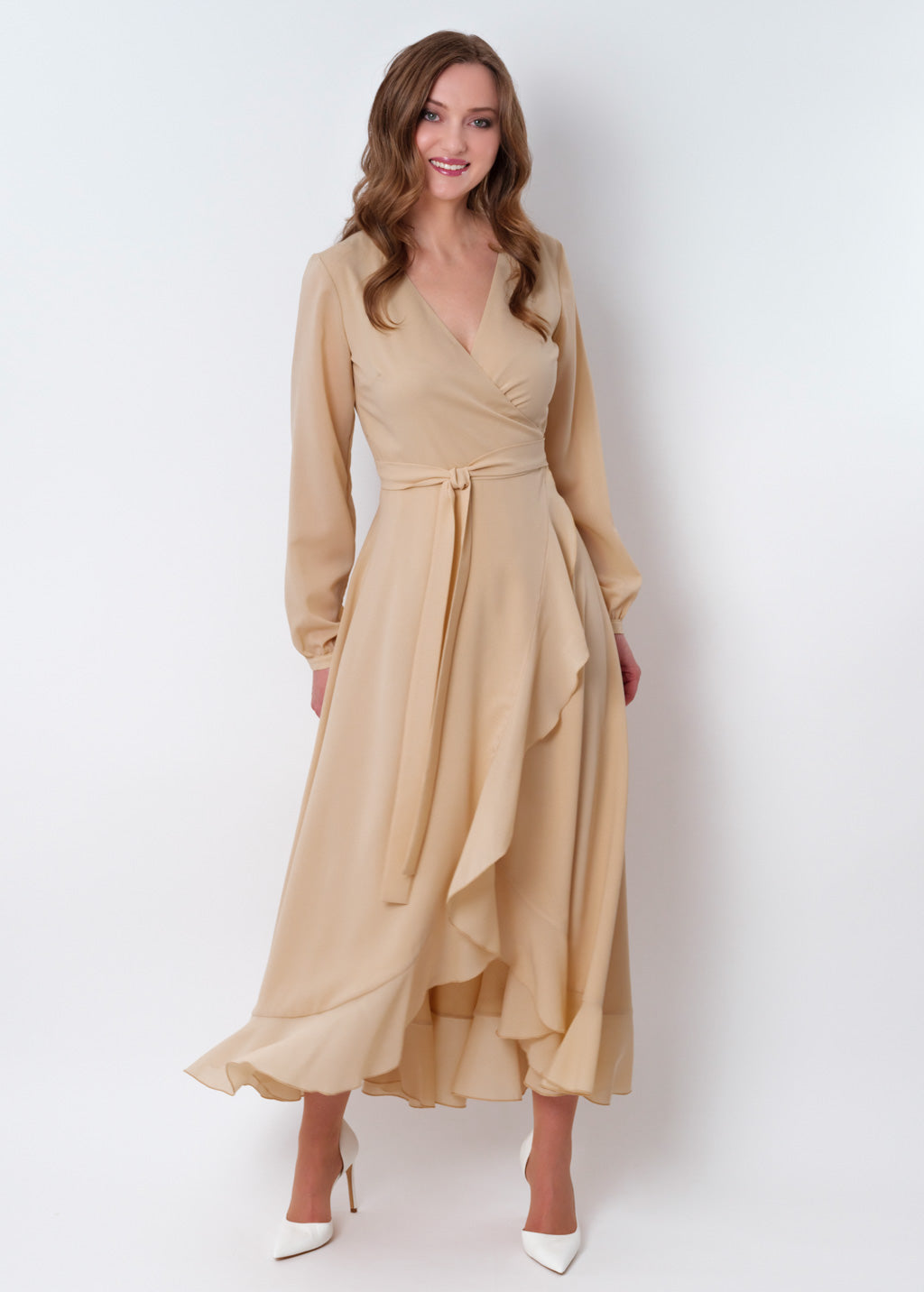 Champagne beige chiffon wrap dress