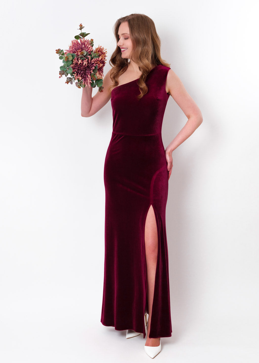 Plum burgundy velvet one shoulder slit dress