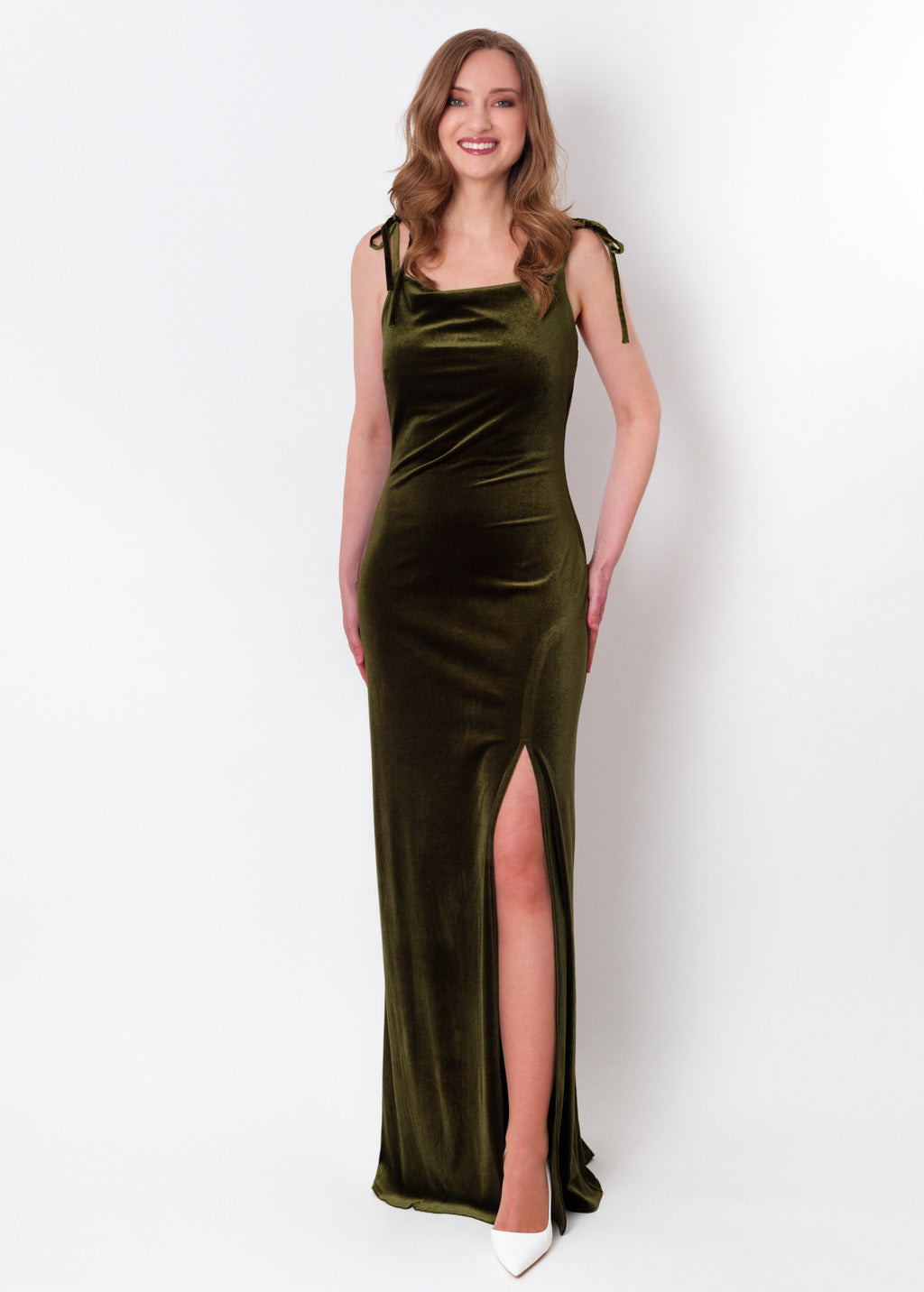 Olive green slip slit velvet bodycon long dress