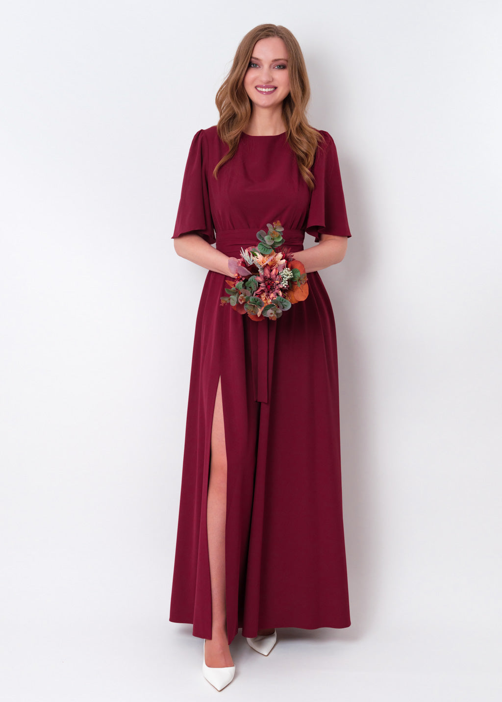 Burgundy long dress with belt