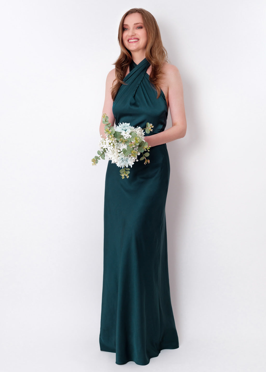 Dark teal green silk long halter dress