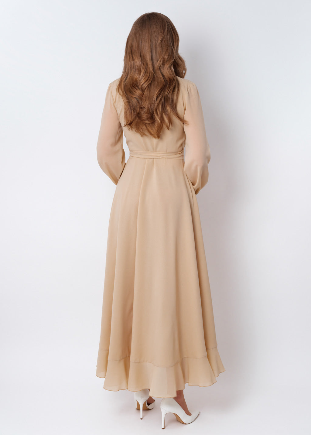 Champagne beige chiffon wrap dress