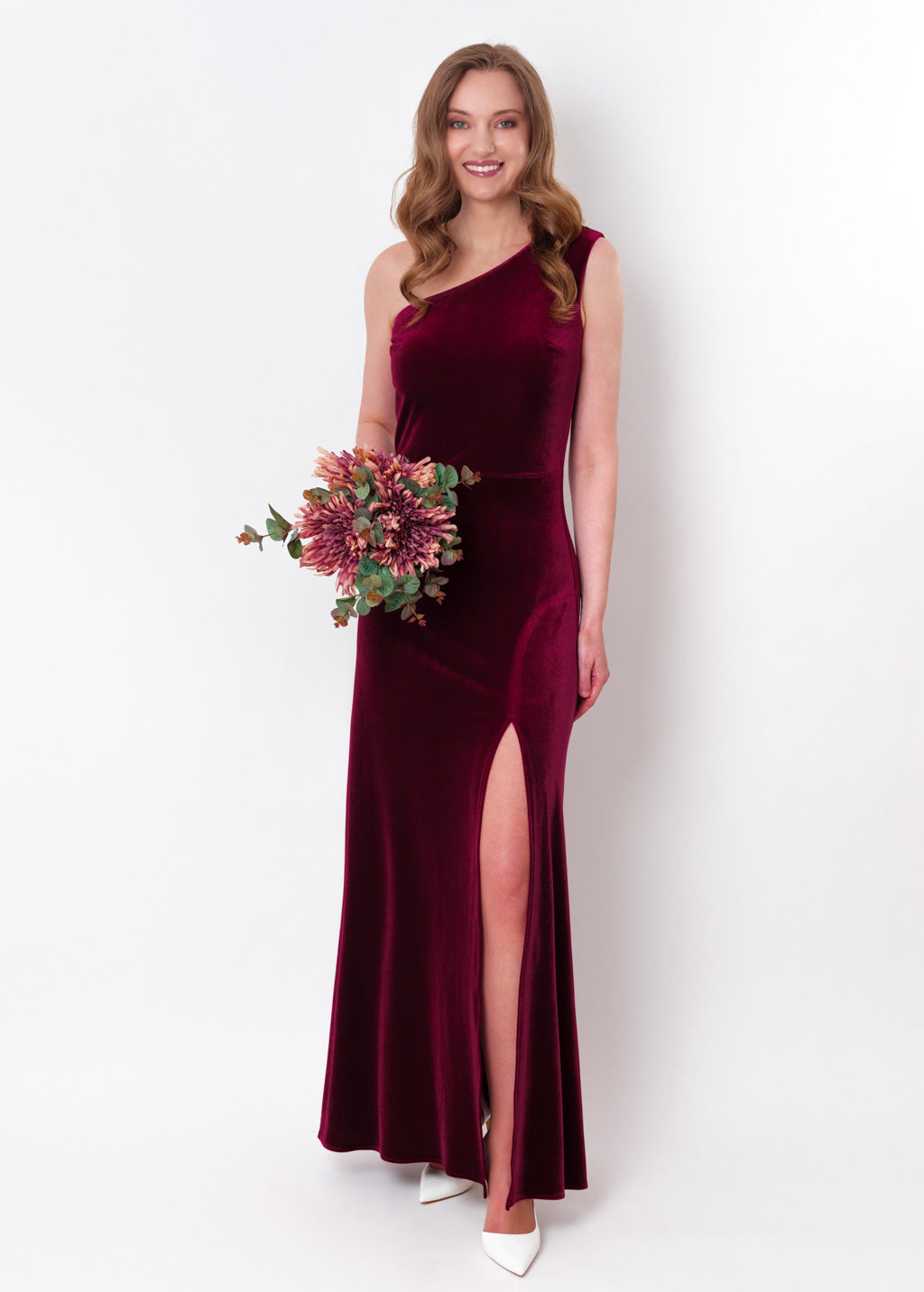 Plum burgundy velvet one shoulder slit dress