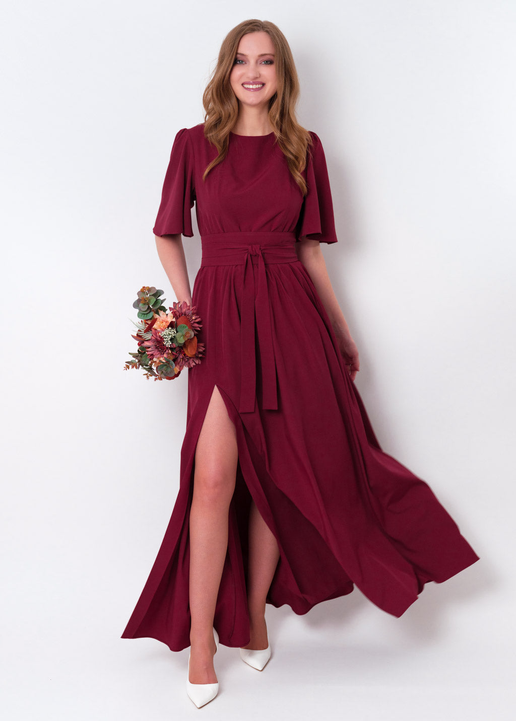 Burgundy long slit dress with belt