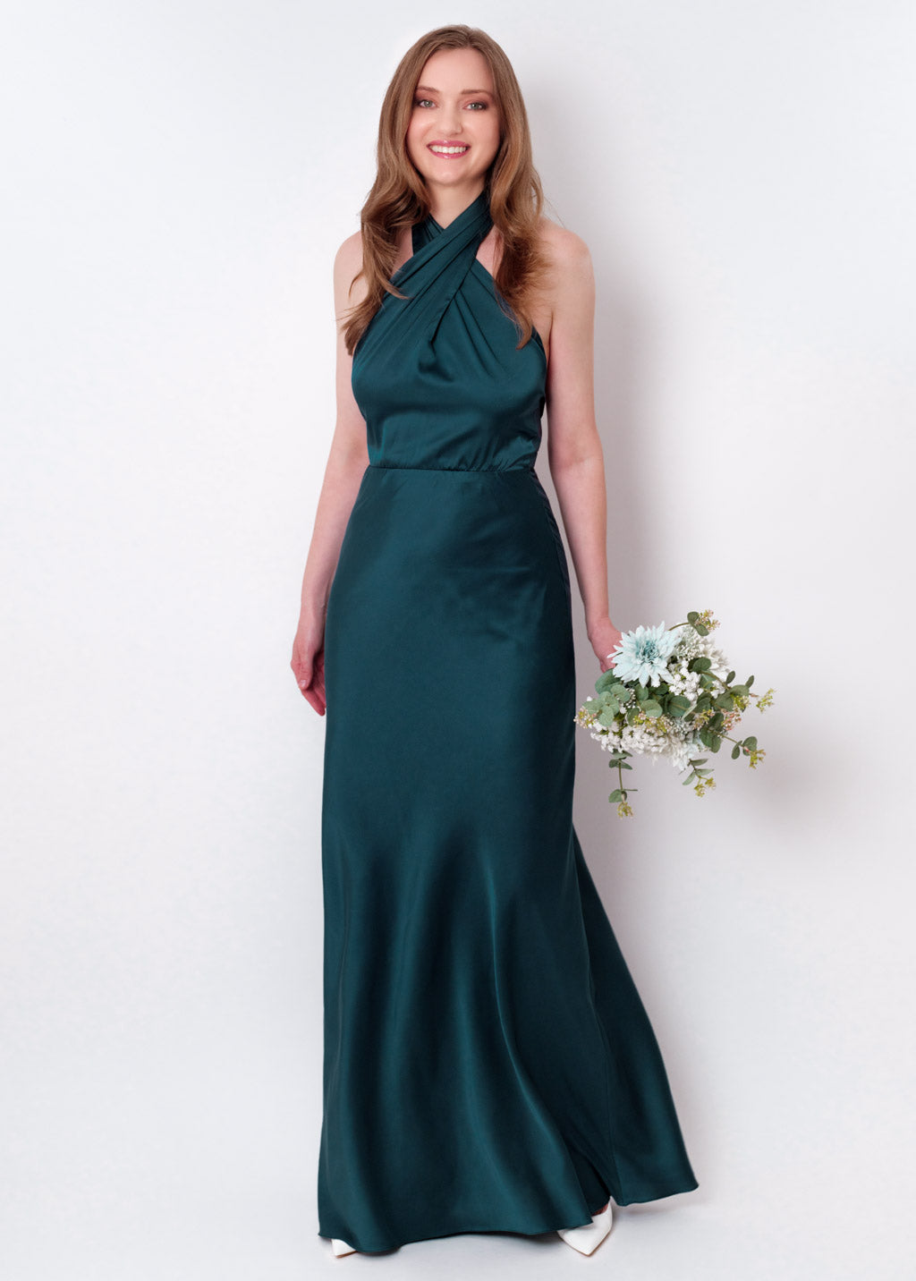 Dark teal green silk long halter dress