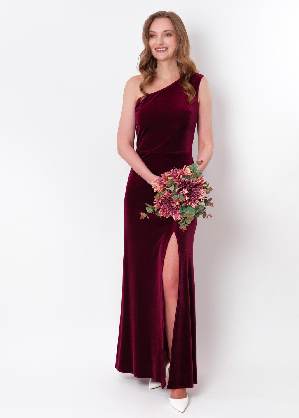 Plum burgundy velvet one shoulder slit dress