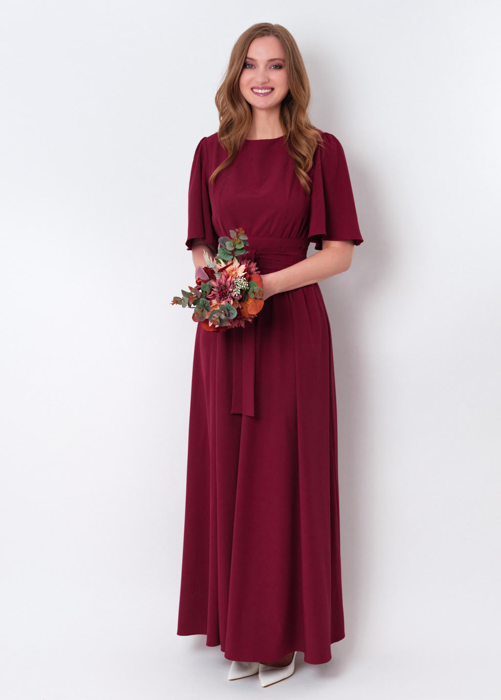 Burgundy long slit dress with belt
