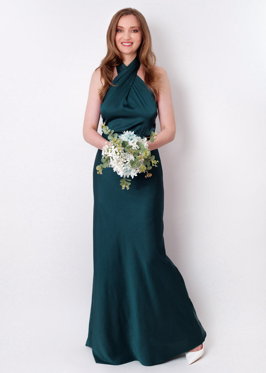 Dark teal green silk long halter dress